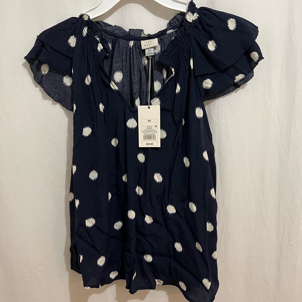 A new day blouse. blue with white dots